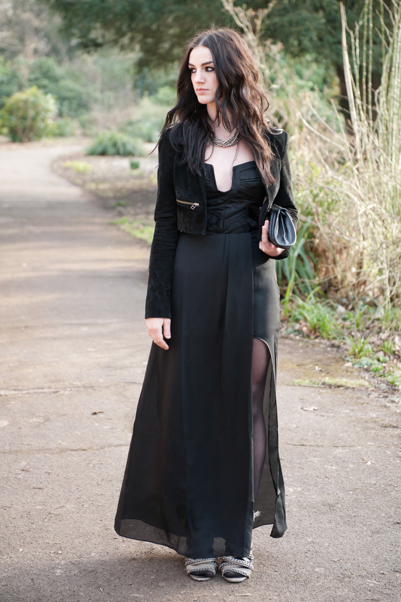FAIIINT, Outfit, Oscars, Baftas, Awards, Ceremony, ASOS, Topshop, Bracher Emden, Allsaints, Black, Maxi, Suede, Jacket, Cropped, Taupe, Chain, Wedges, Clutch, Blogger, Quilted, Bustier, Strapless, Dress