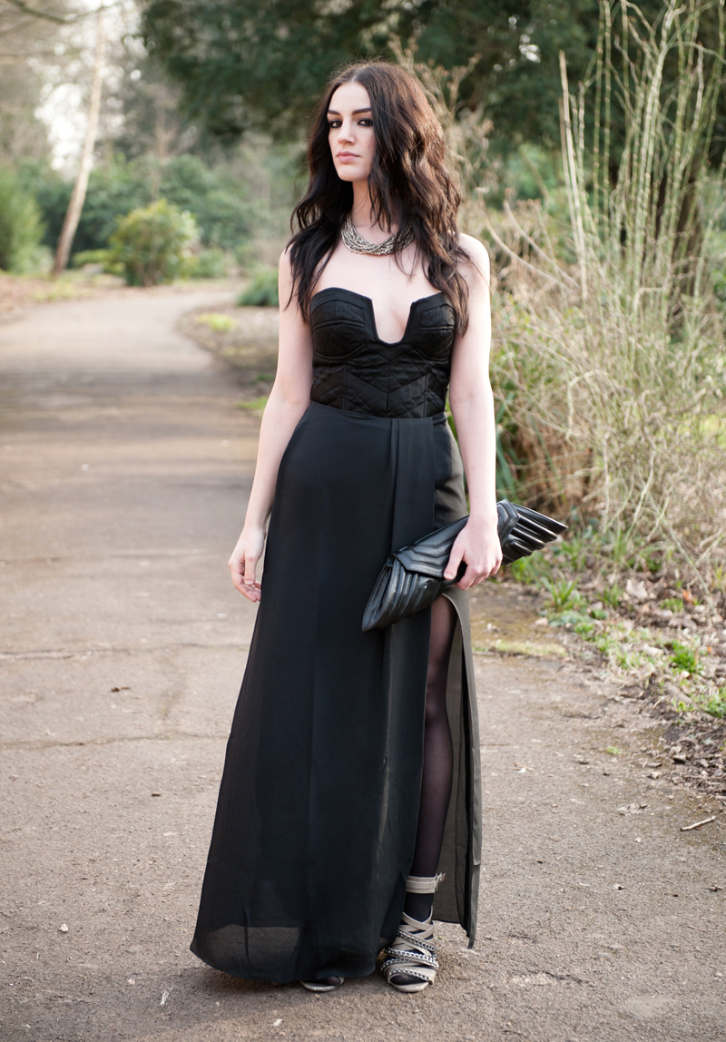 FAIIINT, Outfit, Oscars, Baftas, Awards, Ceremony, ASOS, Topshop, Bracher Emden, Allsaints, Black, Maxi, Suede, Jacket, Cropped, Taupe, Chain, Wedges, Clutch, Blogger, Quilted, Bustier, Strapless, Dress