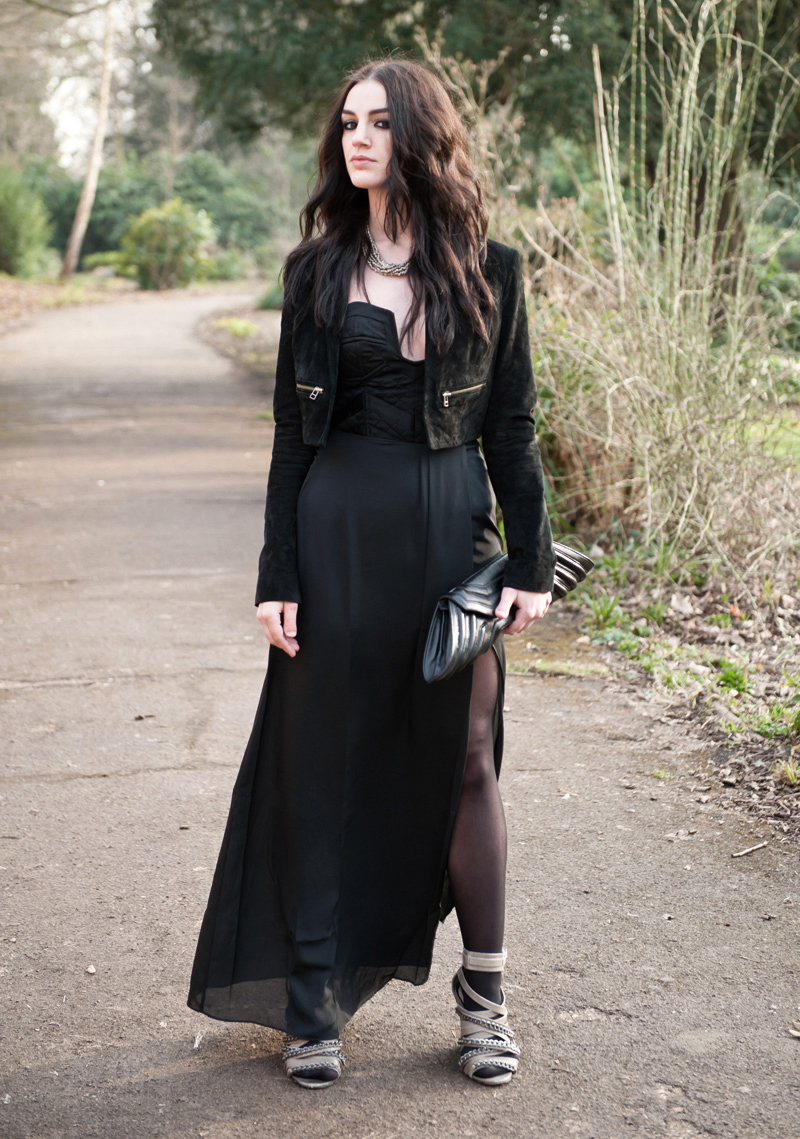 FAIIINT, Outfit, Oscars, Baftas, Awards, Ceremony, ASOS, Topshop, Bracher Emden, Allsaints, Black, Maxi, Suede, Jacket, Cropped, Taupe, Chain, Wedges, Clutch, Blogger, Quilted, Bustier, Strapless, Dress