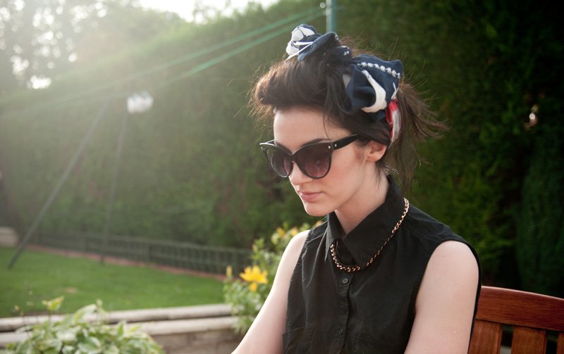 Summer Oufit Post Olympics Summer, Oufit, Olympics, Next, Next Scarf, 2012, London Olympics, Supporters Scarf, Ligia Dias Necklace, ASOS, Shirt, Sleeveless, Head Scarf, 50's, Retro, Quiff, Hair Roll, Cat Eye Sunglasses, All Saints