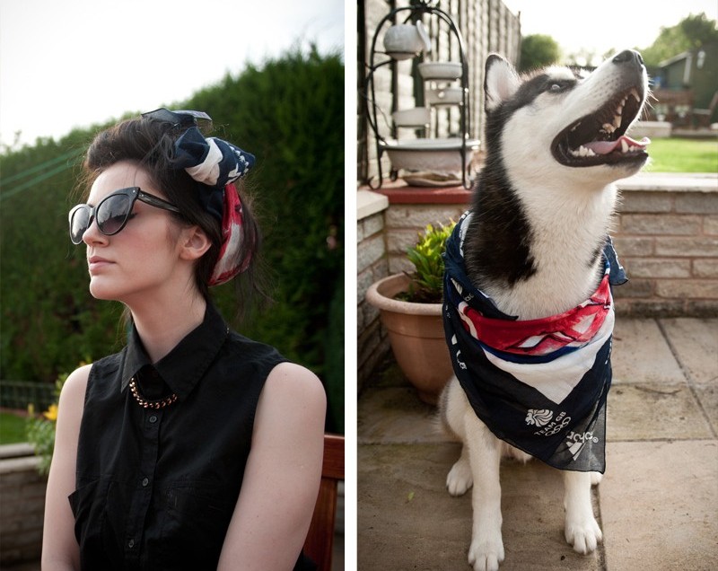 Summer Outfit Post Next Olympics Husky Summer, Oufit, Olympics, Next, Next Scarf, 2012, London Olympics, Supporters Scarf, Ligia Dias Necklace, ASOS, Shirt, Sleeveless, Head Scarf, 50's, Retro, Quiff, Hair Roll, Cat Eye Sunglasses, All Saints, Husky, Puppy, Siberian Husky