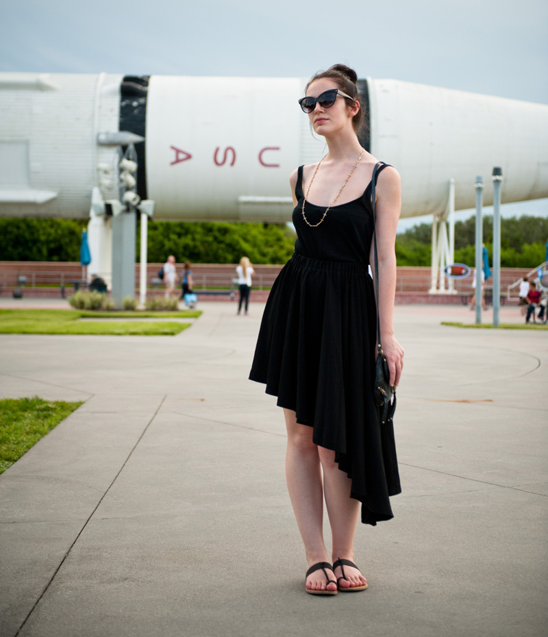 Kennedy Space Center Kennedy Space Center, Florida, Rocket, Shuttle, Asymmetric, Dress, Skirt, Black, Casual, Outfit, OOTD, WIWT, Cross, Necklace, Gold, Cat Eye, Sunglasses, Sandals, GAP, A Wear, Topshop, ASOS, CC Skye, AJ Morgan