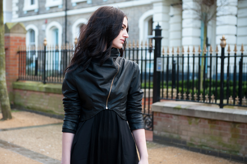 Gothic Street Style Outfit - FAIIINT Handmade Cropped & Draped Leather Jacket with ASOS Maxi Dress, Rick Owens Cut Out Wedges & Balenciaga City Bag