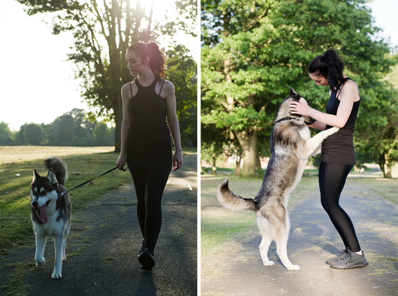 Fashion blogger Stephanie of FAIIINT wearing Nike Free 4.0 v3 anthracite & black running shoes, trainers, ASOS tank top, American Apparel disco leggings. All black running outfit with Nico Siberian Husky dog.