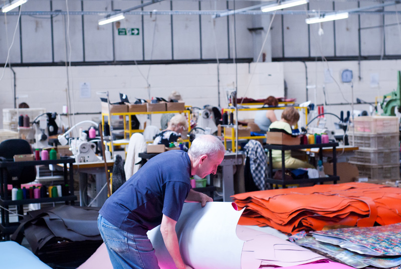 FAIIINT Zatchels factory shop opening Leicester, workers making satchel bags in the factory, sewing machinists, leather fabric materials