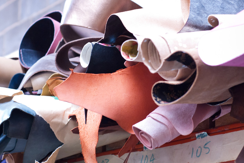 FAIIINT Zatchels factory shop opening Leicester, rolls of leather fabric ready for making satchels in the factory