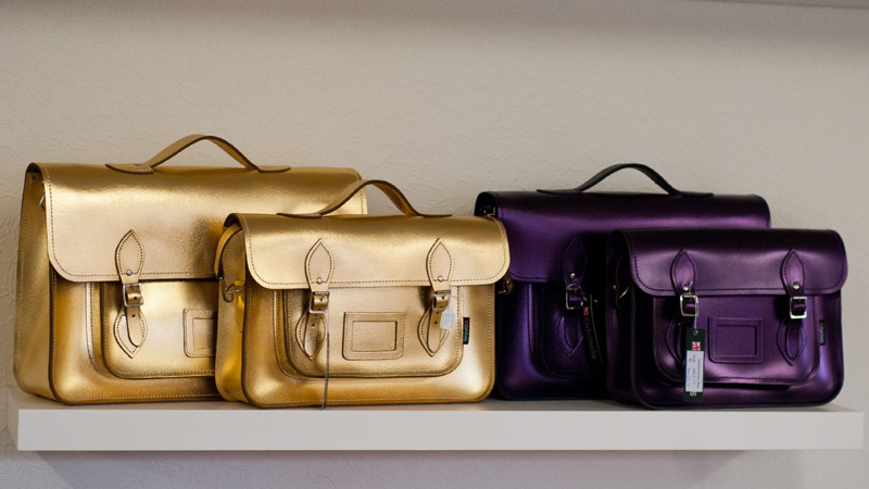 FAIIINT Zatchels factory shop opening Leicester, Metallic Gold & midnight purple foil leather satchels, British made