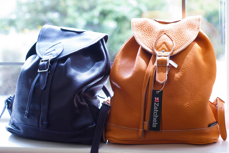FAIIINT Zatchels factory shop opening Leicester, Orange & Navy Blue leather duffel bag backpacks, British made