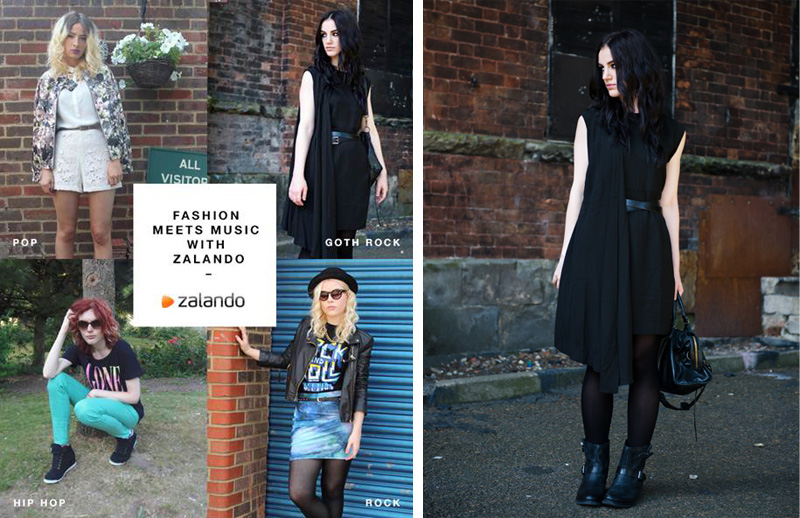 Fashion blogger Stephanie of FAIIINT wearing Zalando collection draped asymmetric dress, Pier One Flat biker ankle boots, all black, fashion meets music with Zalando, goth rock,