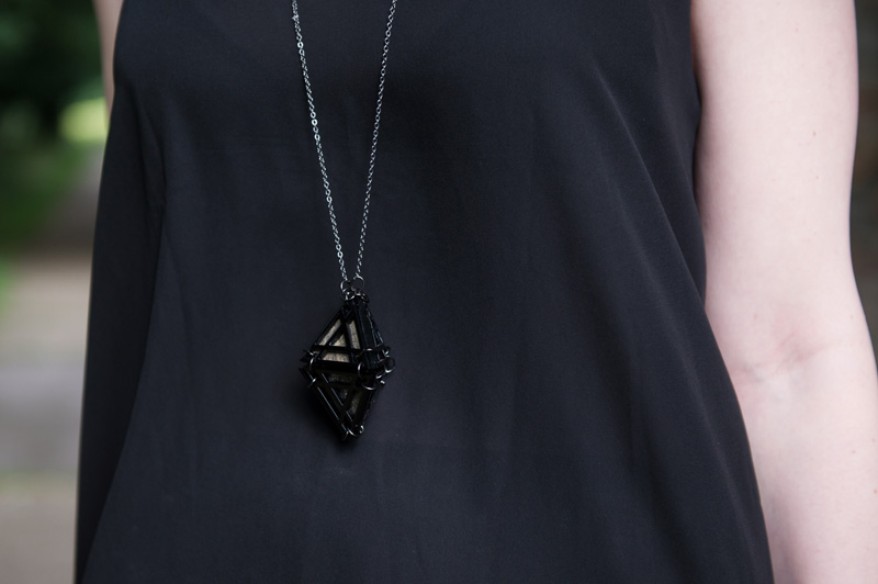 Fashion blogger Stephanie of FAIIINT wearing Glamorous dipped hem dress, Belle's Bejewelled diamond geometric necklace.