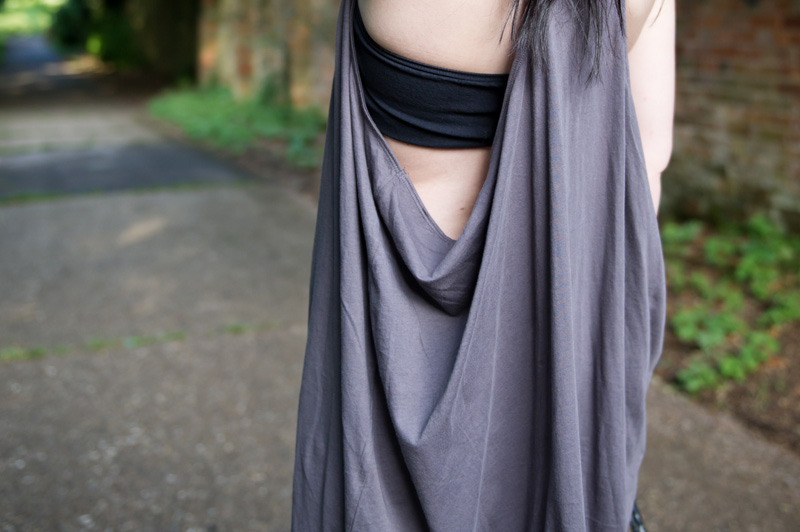 Fashion blogger Stephanie of FAIIINT wearing Cheap Monday taupe draped dress from Surfdome, Braza bandeau bra, Topshop black gladiator buckled wedges
