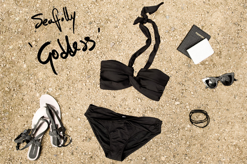 FAIIINT Bikini shopping round up, Seafolly Goddess draped grecian black bikini, with London Rebel Sandals, ASOS cat eye sunglasses & travelcard holders, Gorjana leather wrap bracelet. All black swimwear styling.