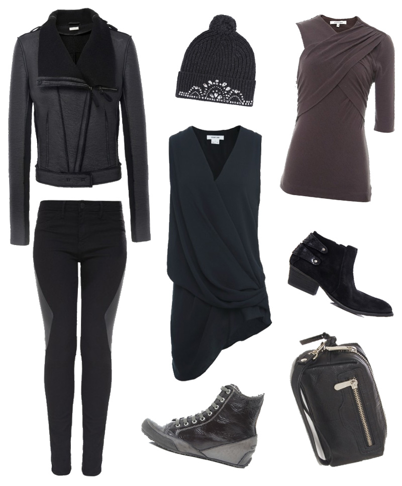 Fashion blogger FAIIINT Autumn Winter 2013 wishlist from Jules B - Annette Gortz biker jacket, Marcus Lupfer Jeweled Beanie, Carven Twist Top, Helmut Lang Drape Top, 2nd Day Paneled Jeggings, H by Hudson Suede Boots, Depeche Leather clutch bag, Candice Cooper Antracite Sneakers