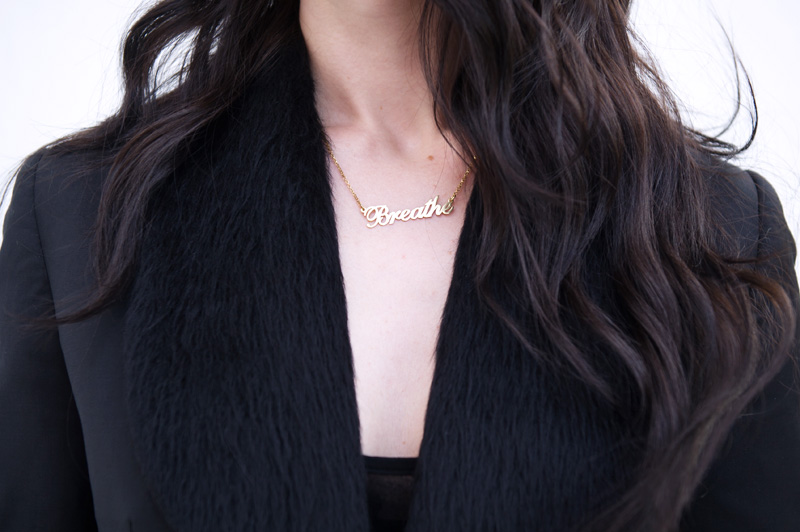 Fashion blogger Stephanie of FAIIINT wearing gold ONecklace name necklace, Todd Lynn for Topshop cropped Tux Jacket. All black, goth, dark, street style.