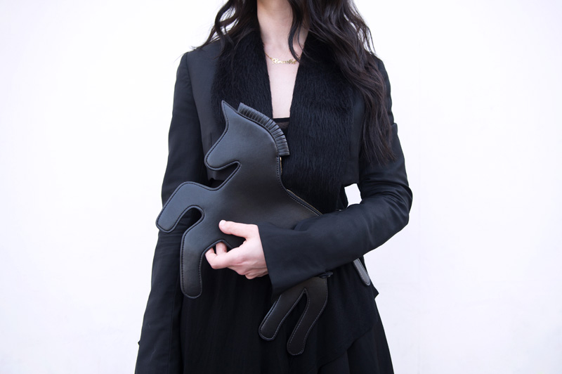 Fashion blogger Stephanie of FAIIINT wearing Choies black unicorn clutch bag, Todd Lynn for Topshop cropped Tux Jacket, Topshop Asymmetric top. All black, goth, dark, street style.