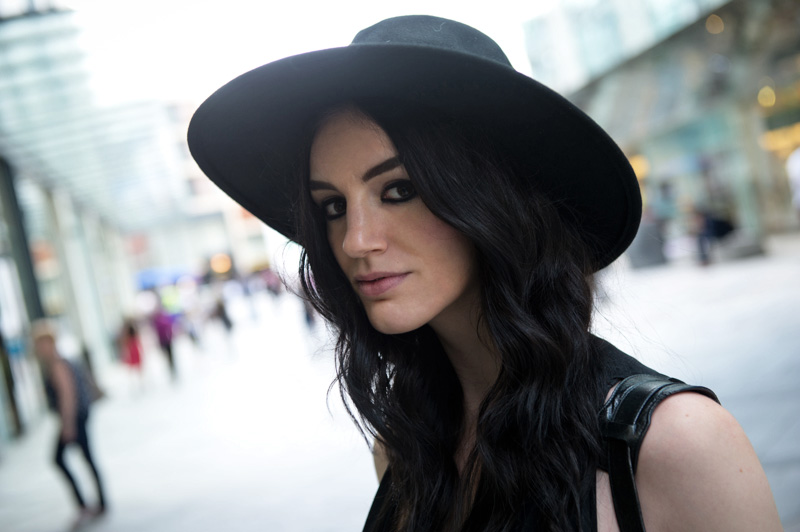 Fashion blogger Stephanie of FAIIINT wearing Catarzi fedora, Allsaints draped silk dress, Vivienne Westwood animal toe shoes, Balenciaga city bag. All black, dark style, gothic outfit, street style