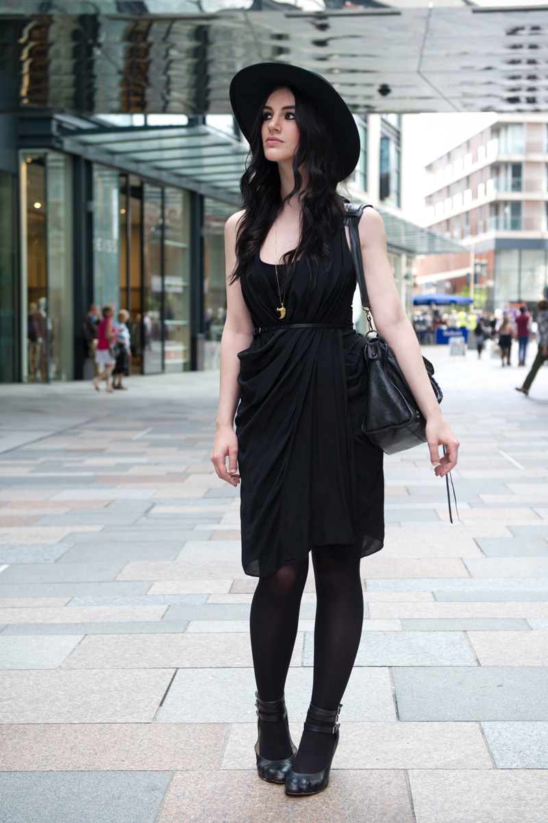 Fashion blogger Stephanie of FAIIINT wearing Catarzi fedora, Allsaints draped silk dress, Vivienne Westwood animal toe shoes, Balenciaga city bag. All black, dark style, gothic outfit, street style