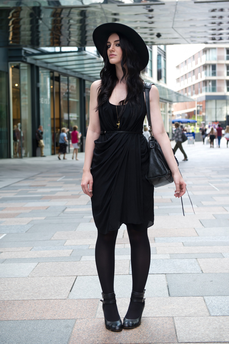 Fashion blogger Stephanie of FAIIINT wearing Catarzi fedora, Allsaints draped silk dress, Vivienne Westwood animal toe shoes, Balenciaga city bag. All black, dark style, gothic outfit, street style