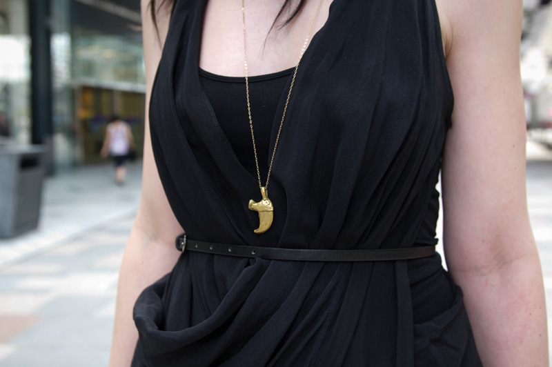 Fashion blogger Stephanie of FAIIINT wearing Catarzi fedora, Allsaints draped silk dress