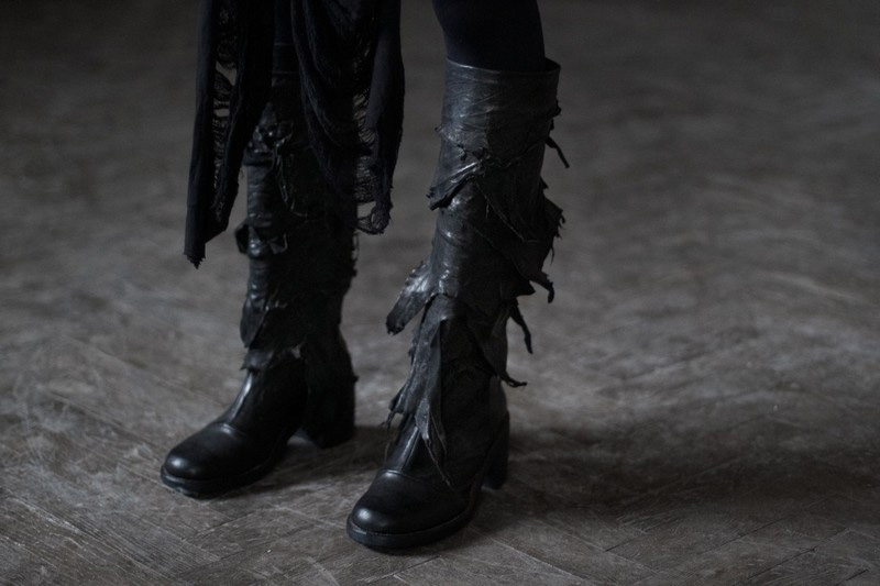 Konstantin Kofta 'Hug' collection ripped torn black leather boots, distressed. Dark style, gothic, indepenent designer, lookbook