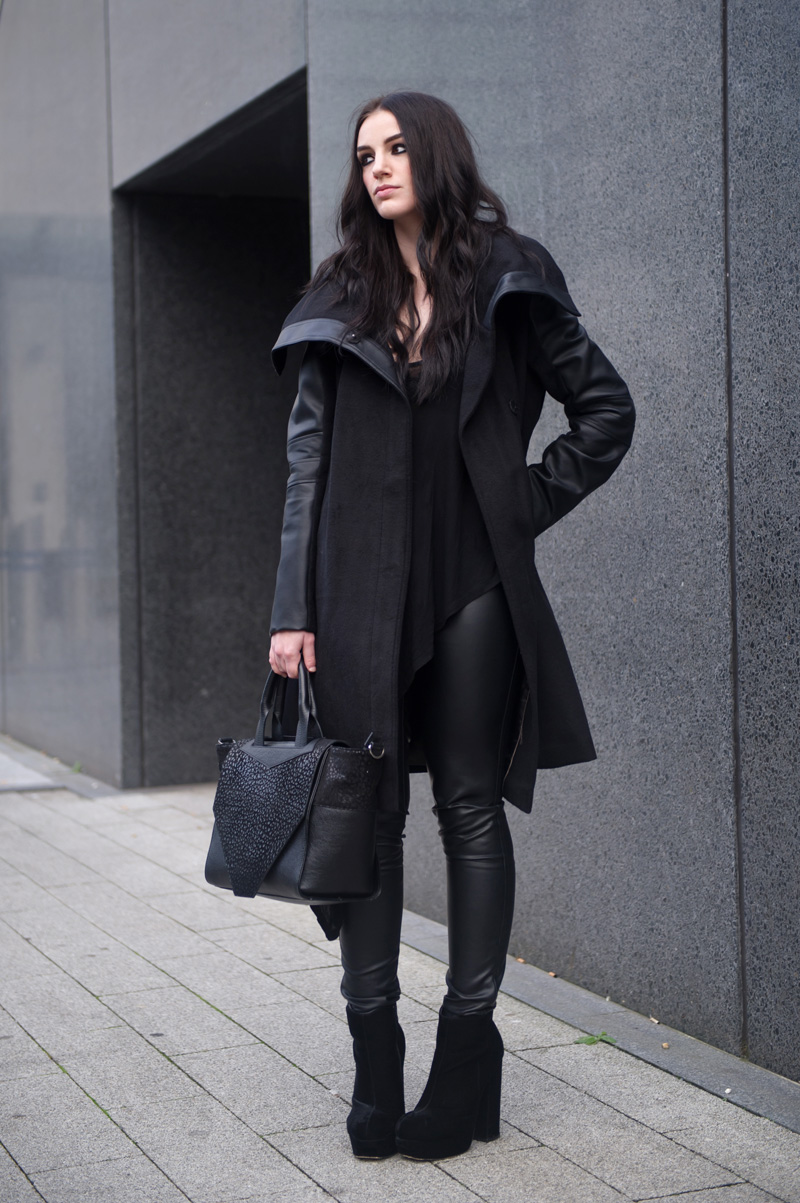 Fashion blogger Stephanie of FAIIINT wearing Next faux leather & wool black coat & leggings, Bracher Emden classic tote bag, Stylistpick velvet boots & Topshop asymmetric top. Dark style, all black, black on black, sci fi, goth.