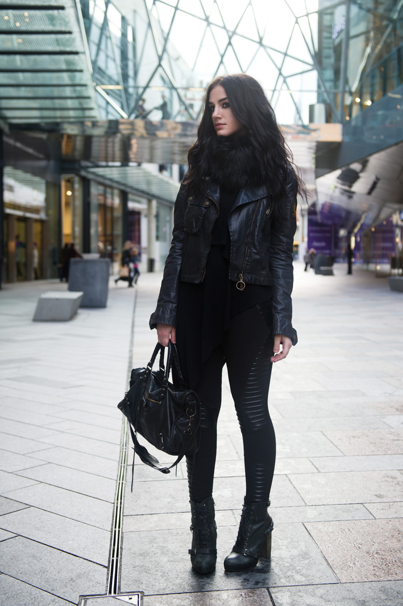 Fashion blogger Stephanie of FAIIINT wearing Belstaff Sammy Miller Waxed Biker Jacket, Faux Fur snood scarf, Topshop asymmetric vest, Evil Twin zero paneled leggings, Topshop lace up boots, Balenciaga city bag. All black outfit, sci fi, superhero, goth, street style.