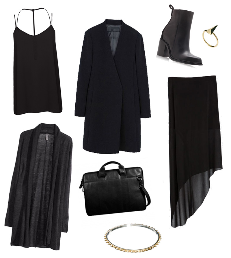 FAIIINT Simplicty wishlist - Warehouse Cami, Choies clean slim coat, Kurt Geiger Boots, H&M drape cardigan, Teals Boutique leather laptop bag, Zara asymmetric skirt, Whistles ring, Maria Francesca Pepe spike bangle. All black, minimal, clean, sharp, simple.