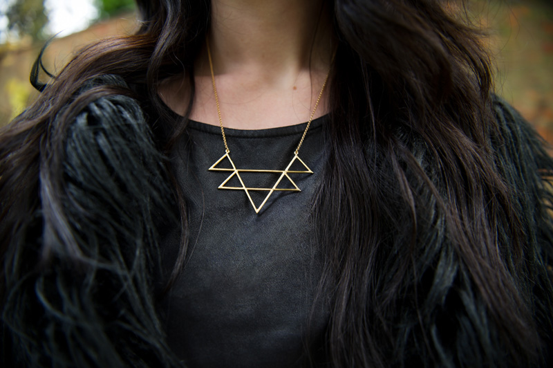Fashion blogger Stephanie of FAIIINT wearing Lookbook Store faux fur black longhaired coat, H&M leather look tee, RockLove sacred geometry geo necklace