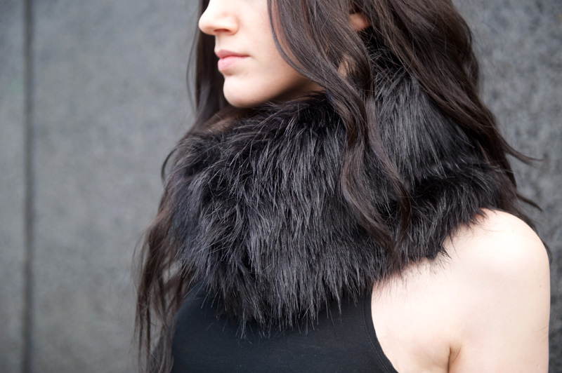 Fashion blogger Stephanie of FAIIINT wearing custom handmade maxi skirt & faux fur snood. Gothic, dark fashion, street style.