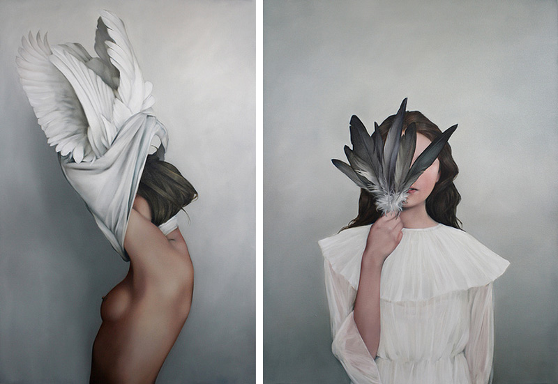 Amy Judd Artist Oil Paintings, surrealism, birds, wings, feathers, women, nude, faceless portraits.