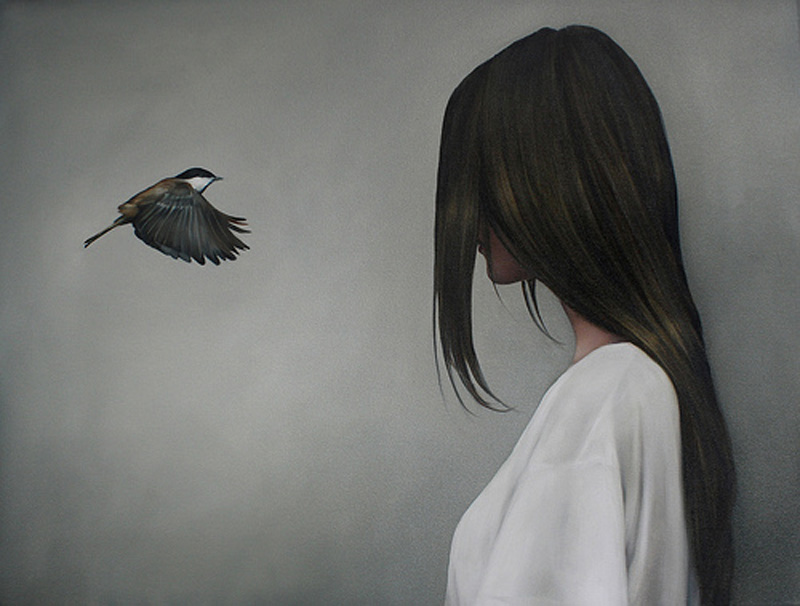 Amy Judd Artist Oil Paintings, surrealism, birds, wings, feathers, women, nude, faceless portraits.