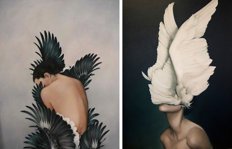 Amy Judd Artist Oil Paintings, surrealism, birds, wings, feathers, women, nude, faceless portraits.