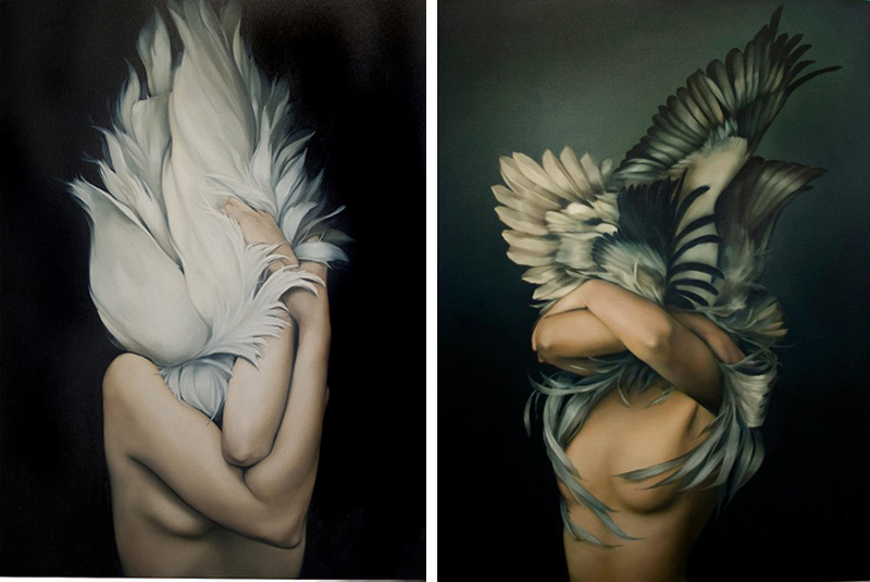 Amy Judd Artist Oil Paintings, surrealism, birds, wings, feathers, women, nude, faceless portraits.