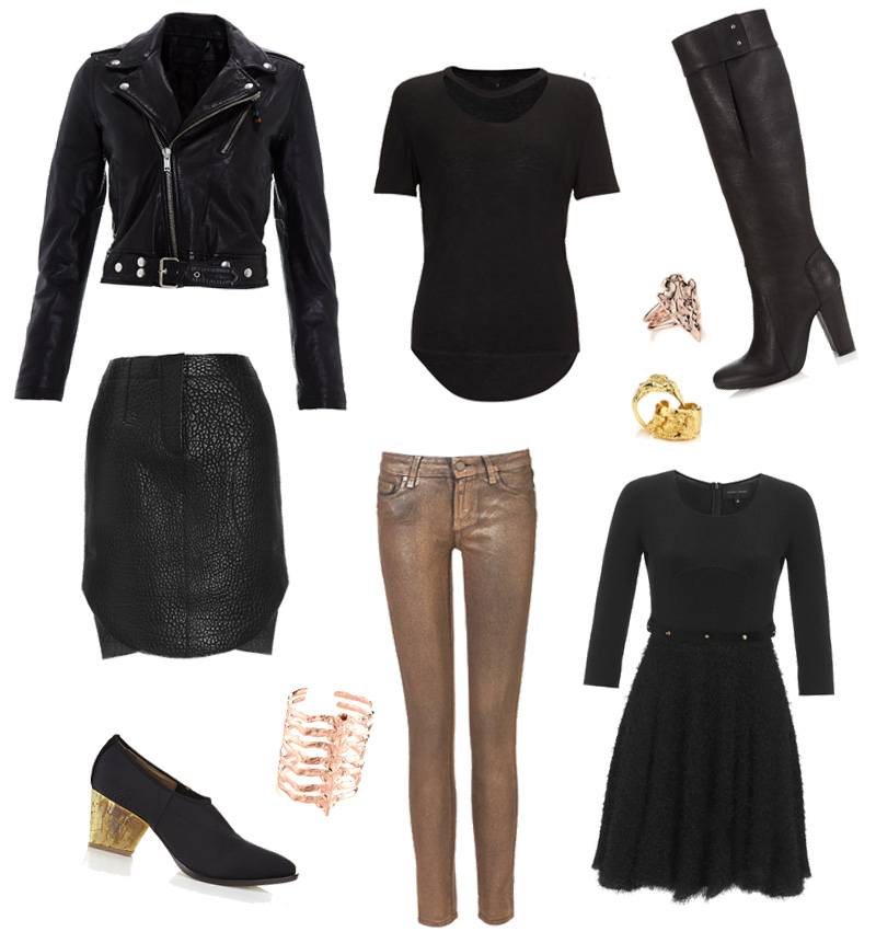 FAIIINT wishlist, black & gold. BLK DNM leather jacket, Paige Denim gold jeans, Carven textured skirt, Bjorg Spine Cuff, Pamela Love arrowhead ring, 3.1 Philip Lim knee high boots, Priory of Ten tee, Estelle Dévé gold rings, Felder Felder lily fluff dress, Zoe Lee boots