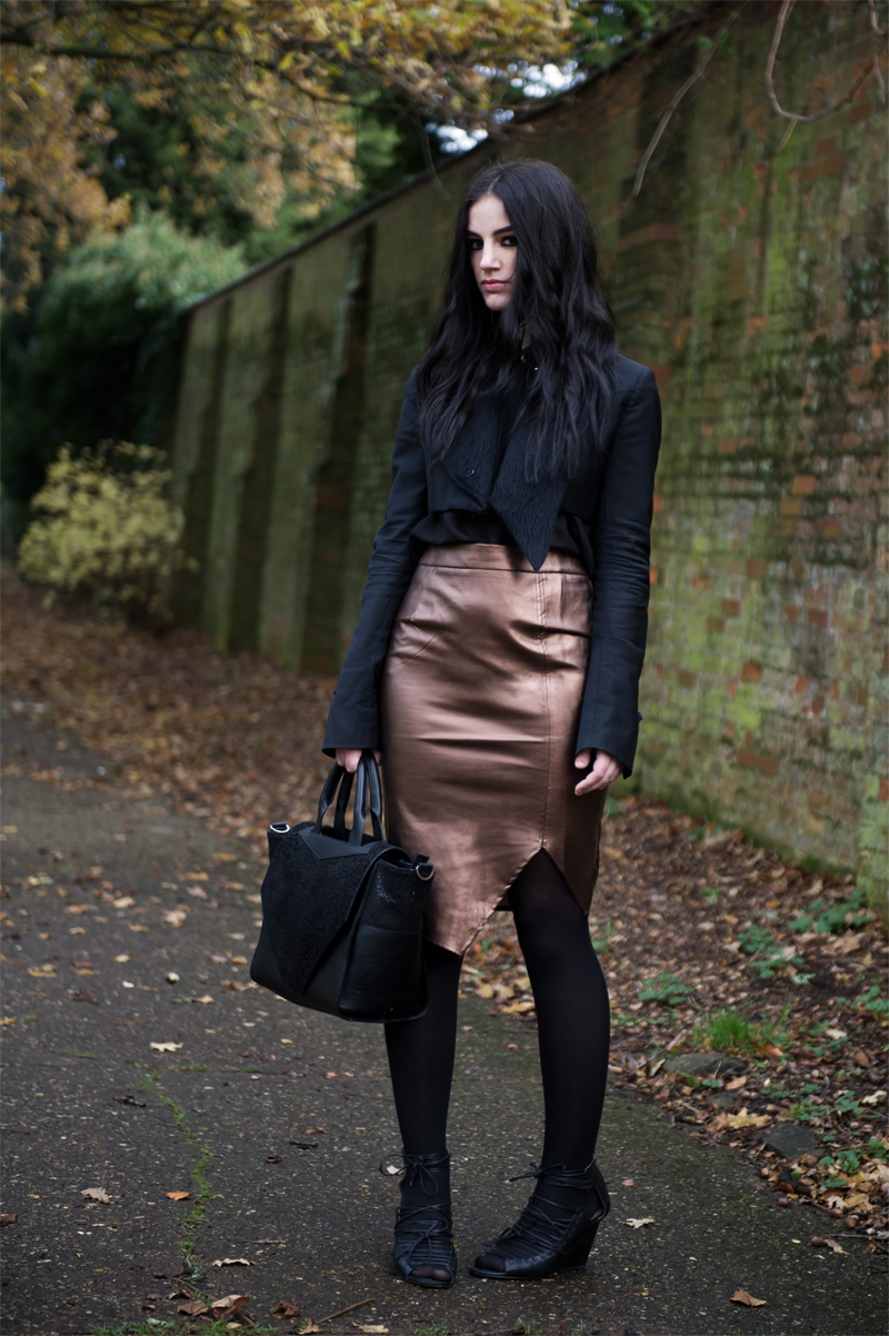 Fashion blogger Stephanie of FAIIINT wearing Todd Lynn x Topshop jacket, Heart by Nana Judy chiffon shirt, Poppy Lux bronze metallic pencil skirt, Finsk laced wedges, Bracher Emden classic bag