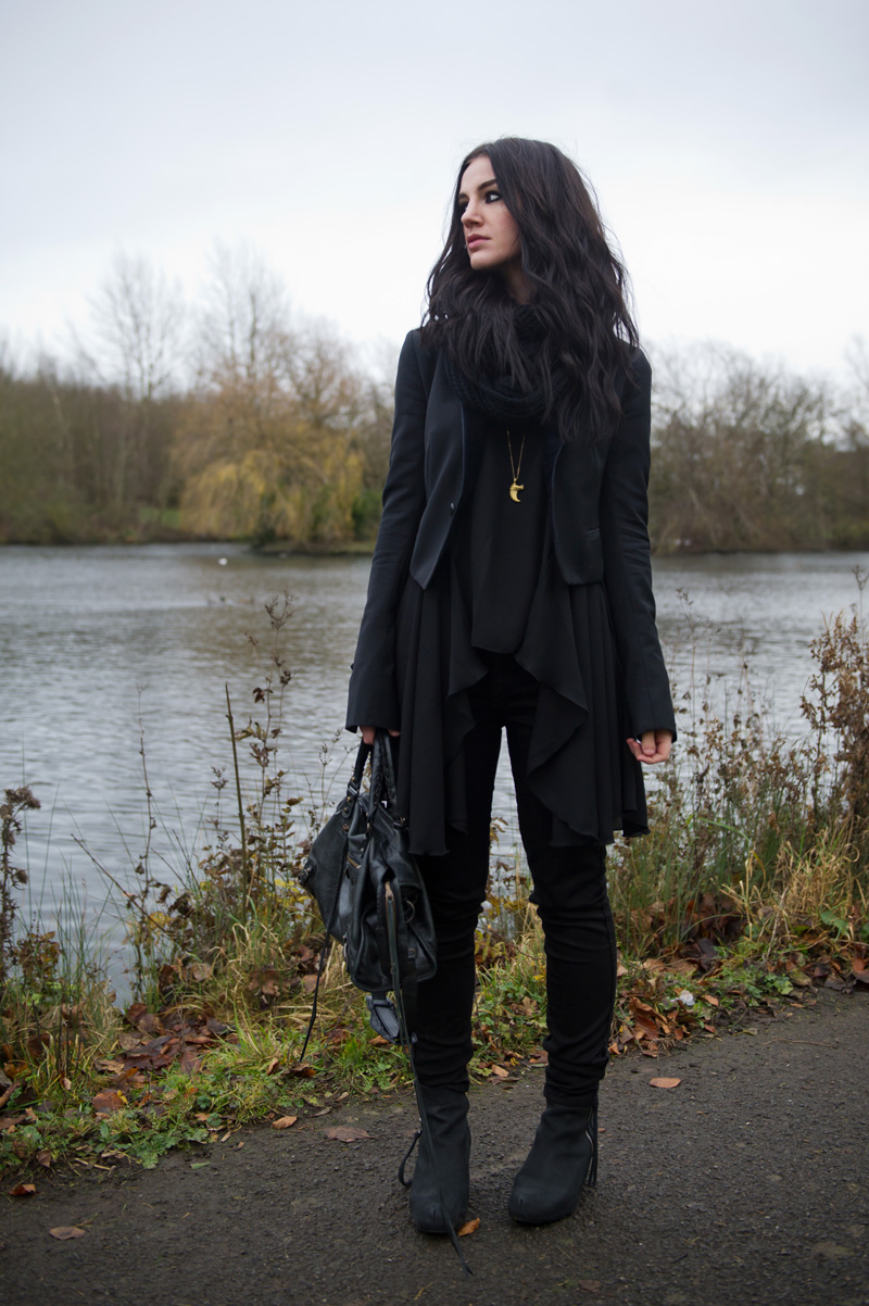 Fashion blogger Stephanie of FAIIINT wearing Todd Lynn x Topshop tux jacket, LOVE in love with fashion drape drop side top, Meltin Pot B-side reversible emma jeans, Kurt Geiger strut wedges, ASOS snood, Balenciaga city bag. All black outfit, gothic, casual.