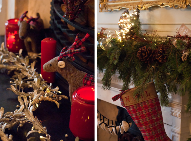 Next Christmas fashion blogger afternoon tea at Browns Hotel London decorations, stocking & wreath over fireplace, reindeer tartan, candles