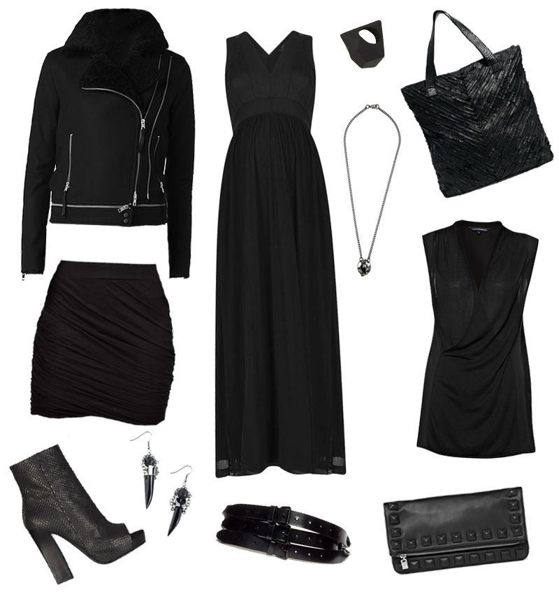 FAIIINT sale wishlist, Allsaints wool biker, Topshop Maxi, Marc by Marc Jacobs rock ring, Pieces leather tote, French Connection jersey wrap top, studded leather clutch, Ann Demeulemeester triple belt, Maria Lau earrings, Just Female drape skirt, Estelle Deve necklace. All black.