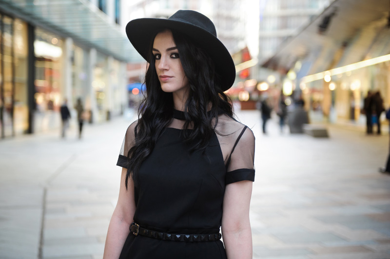 Fashion blogger Stephanie of FAIIINT wearing Catarzi fedora, Paper Dolls mesh panel dress, Topshop studded belt. All black outfit, gothic street style.