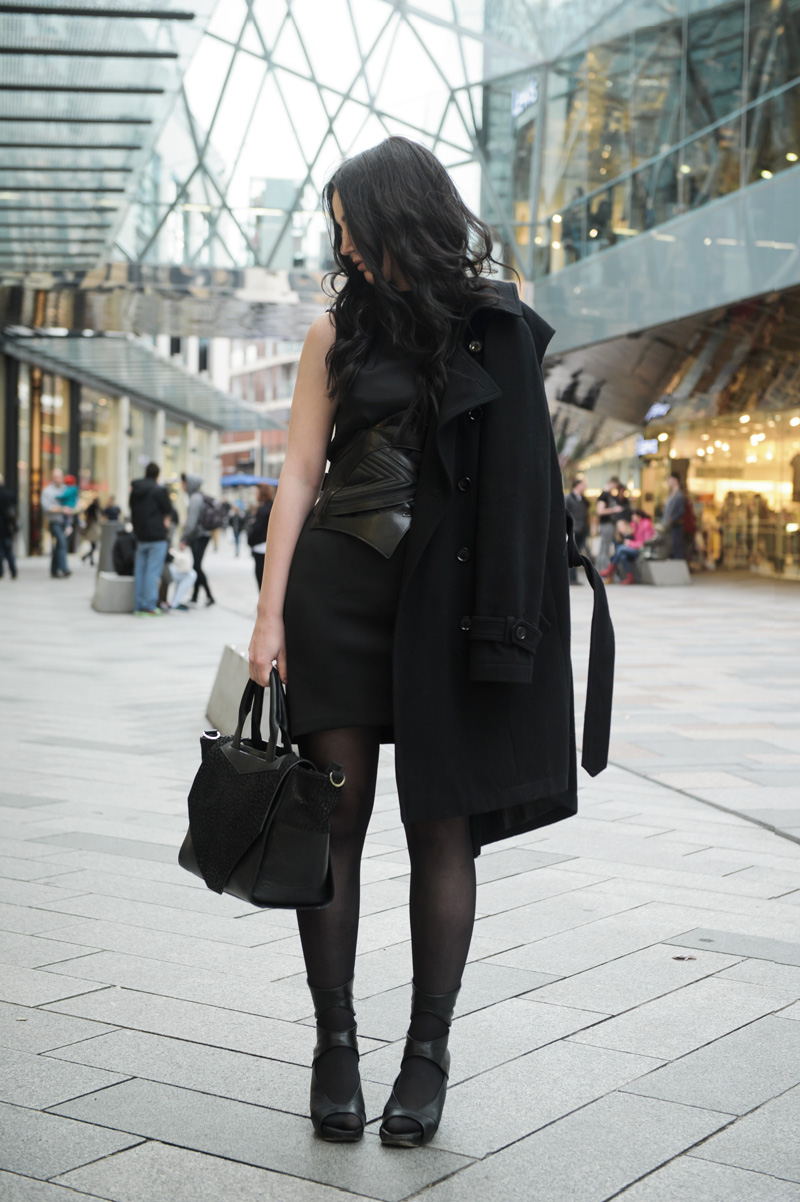 Fashion blogger Stephanie of FAIIINT wearing Topshop wool trench coat, Warehouse scuba neoprene shift dress, Bracher Emden for Jean Pierre Braganza belt, Rick Owens Wedges, Bracher Emden classic tote bag. All black outfit street style, goth sci fi.