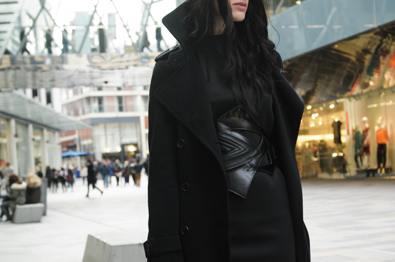 Fashion blogger Stephanie of FAIIINT wearing Topshop wool trench coat, Warehouse scuba neoprene shift dress, Bracher Emden for Jean Pierre Braganza belt. All black outfit street style, goth sci fi.