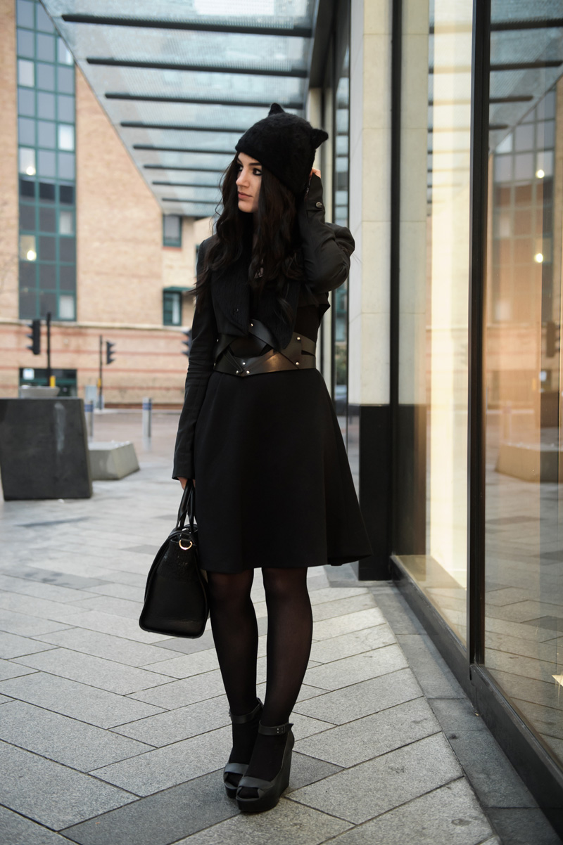 Fashion blogger Stephanie of FAIIINT wearing Next cat ear beanie hat, Todd Lynn for Topshop Cropped Tux Jacket, Joseph Wool Dress, COS Belt, Skin by Finsk Wedge Sandals, Bracher Emden Classic bag, Jana Reinhardt key necklace. All black gothic cute street style outfit.