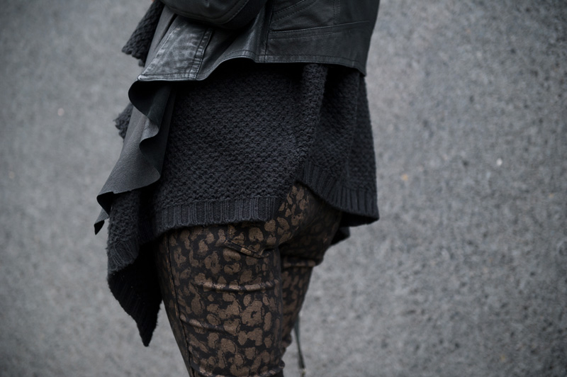 fashion blogger Stephanie of FAIIINT wearing Barneys Originals leather draped jacket, ASOS chunky waterfall cardigan, Meltin Pot B-Side Emma reversible leopard jeans