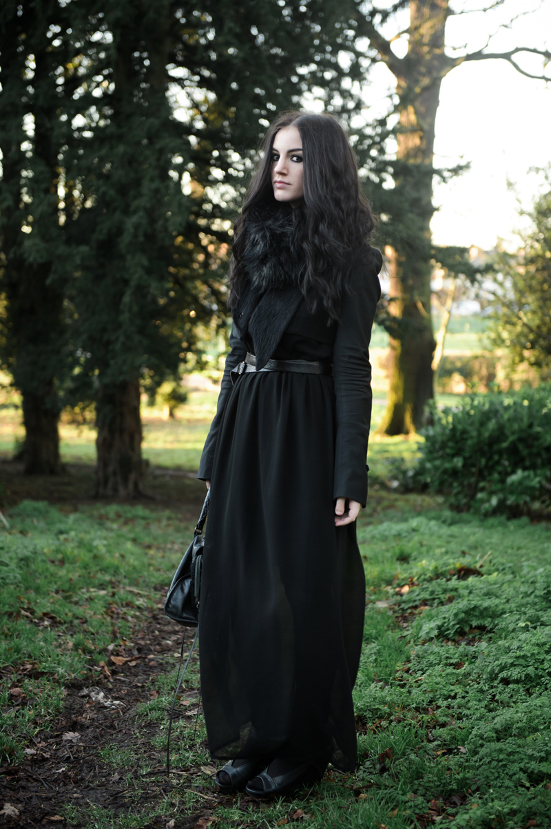 Fashion blogger Stephanie of FAIIINT wearing Todd Lynn x Topshop Cropped Jacket, Faux Fur Snood, Lookbook Store Maxi Dress / ASOS Wrap Belt, Cinderela B Layred Necklace, Balenciaga City bag. All black everything, goth street style.