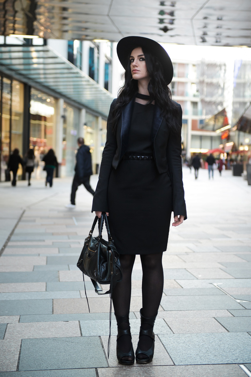 Fashion blogger Stephanie of FAIIINT wearing Catarzi fedora, Paper Dolls mesh panel dress, Topshop studded belt, Rick Owens wedges, Todd Lynn for Topshop fitted tux jacket blazer, Balenciaga city bag. All black outfit, gothic street style.