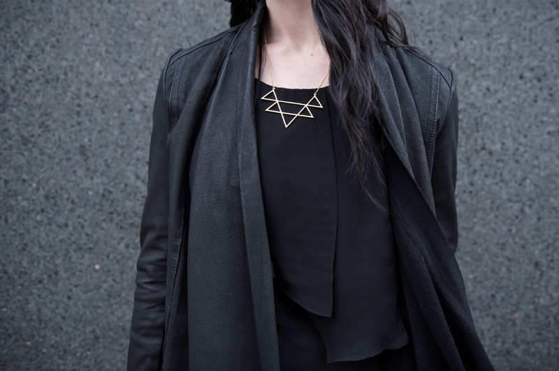 Fashion blogger Stephanie of FAIIINT wearing OASAP knitted pom pom beanie, Barneys originals drape leather jacket, ASOS waterfall cardigan, AngelEye layered dress, RockLove geo collar necklace