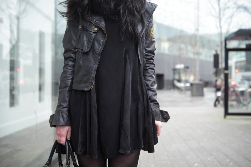 Fashion blogger Stephanie of FAIIINT wearing Belstaff waxed cotton sammy miller jacket, faux fur snood, This Is A Love Song ( TIALS ) pom pom cheerleader dress