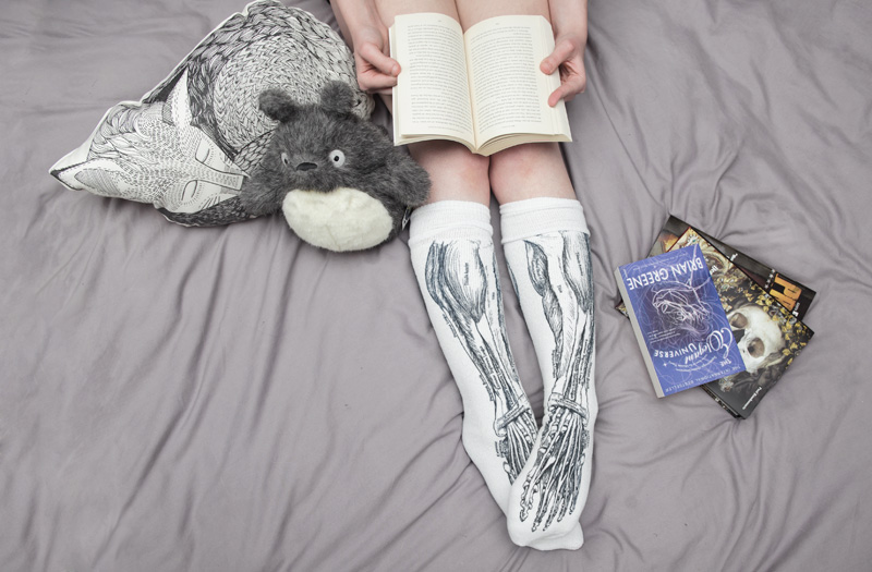 FAIIINT UncommonGoods lounging around in bed with Sole Sox anatomy socks, The Rise & Fall Sleeping Fox Pillow, Kobo plant the packaging siam poppy candle, Totoro plush & books.