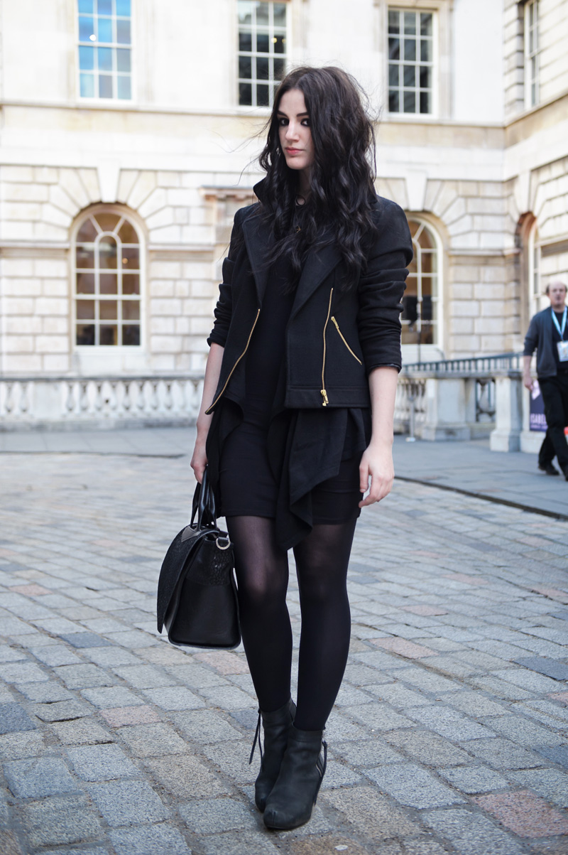 Fashion blogger Stephanie of FAIIINT wearing George at asda black wool & twill biker jacket, basic bodycon dress, ASOS waterfall cardigan, Kurt Geiger wedge boots, Bracher Emden bag. London fashion weekend Somerset house.