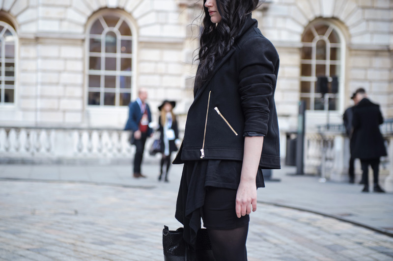 Fashion blogger Stephanie of FAIIINT wearing George at asda black wool & twill biker jacket, basic bodycon dress, ASOS waterfall cardigan, Kurt Geiger wedge boots, Bracher Emden bag. London fashion weekend Somerset house.